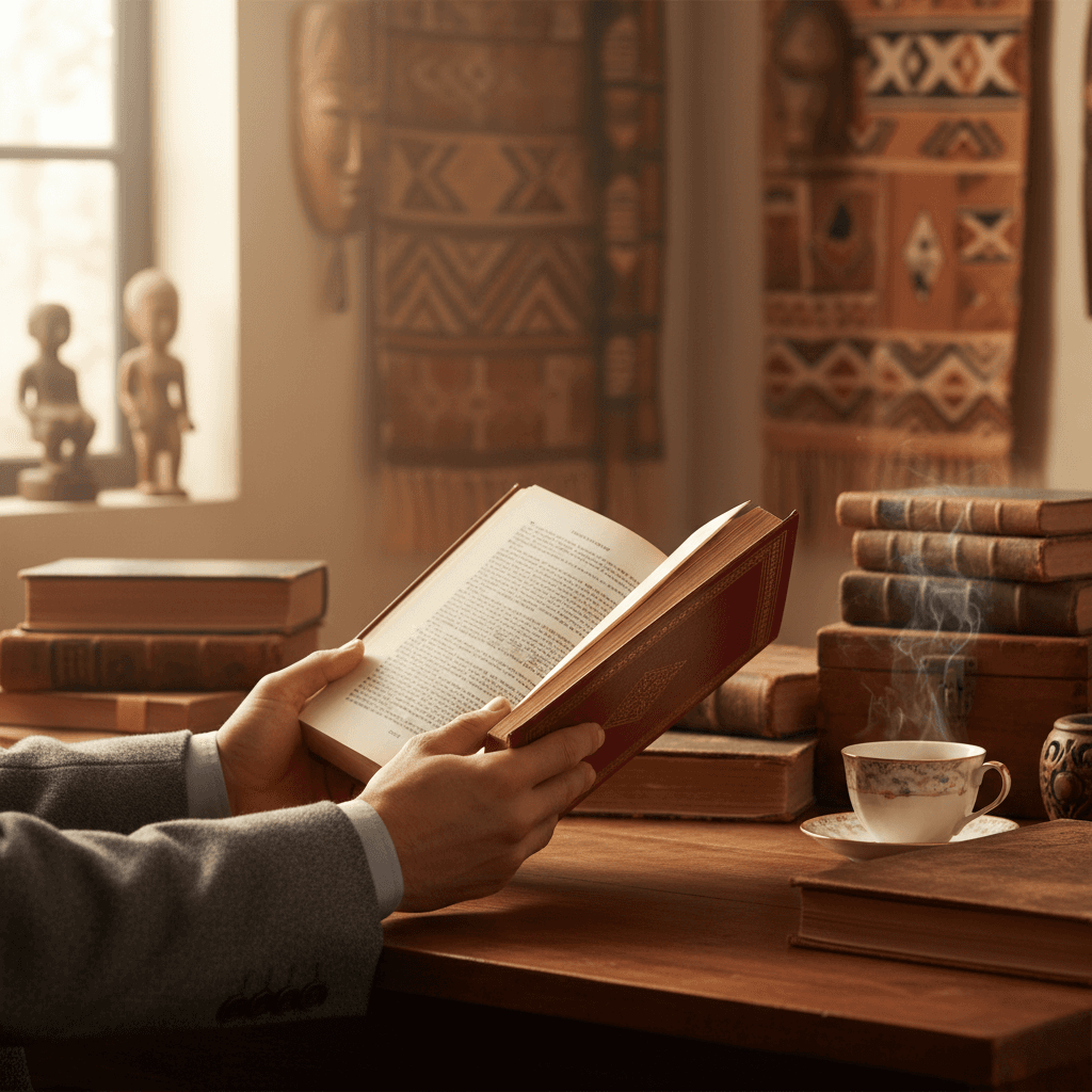 Open book with handwritten notes on a wooden desk in warm library light