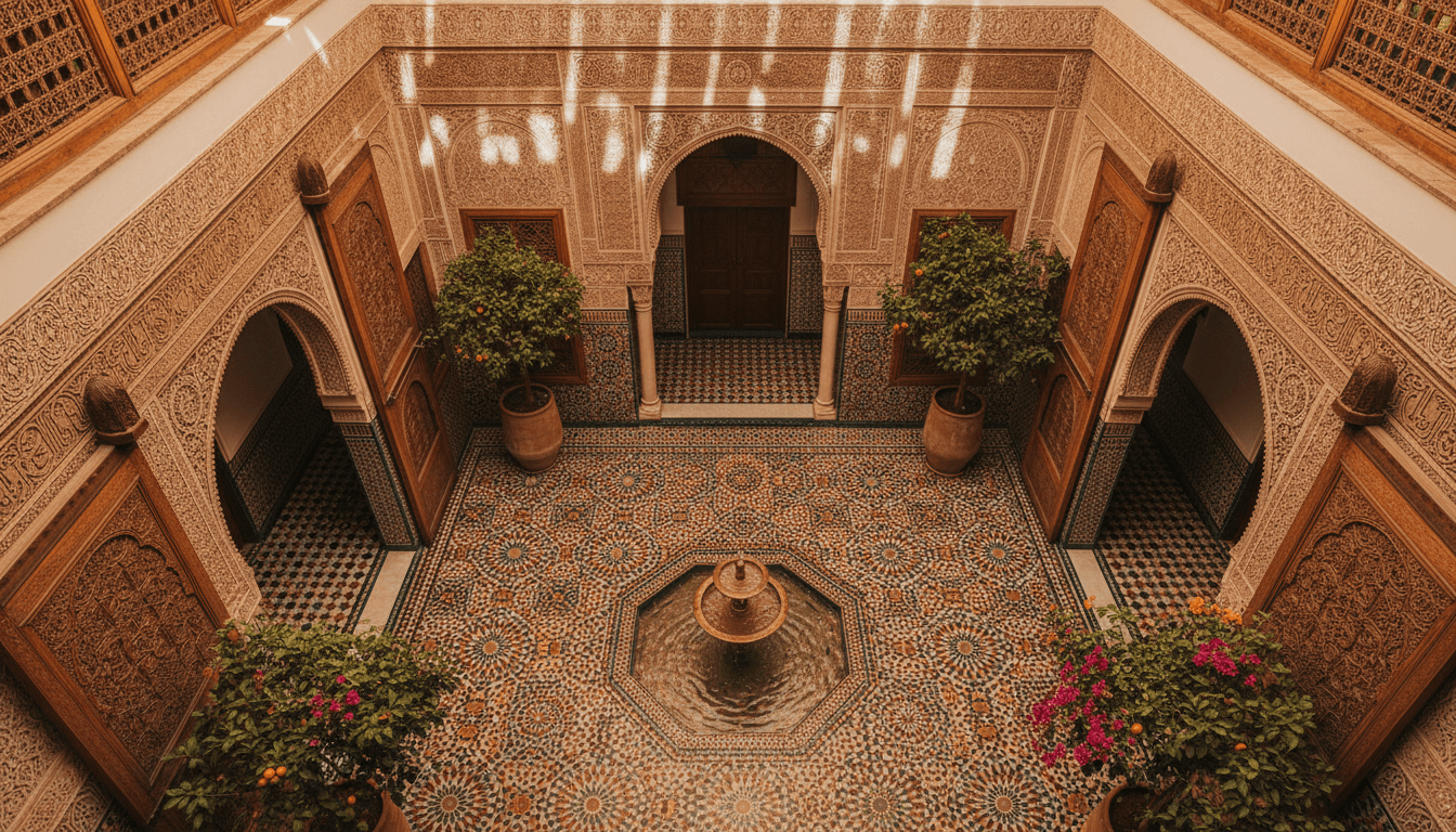 Cour intérieure d'un riad marocain traditionnel avec arches et lumière naturelle