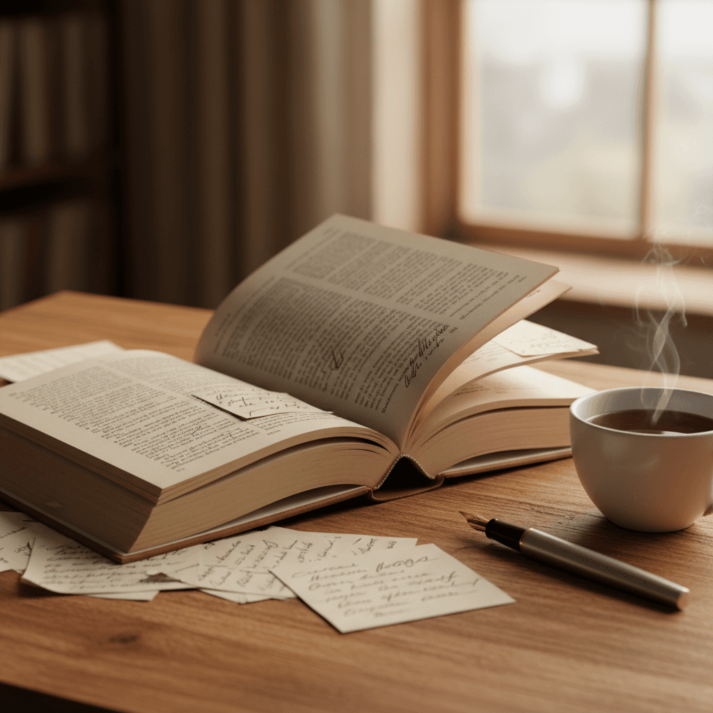 Livre ouvert et plume sur un bureau de bibliothèque