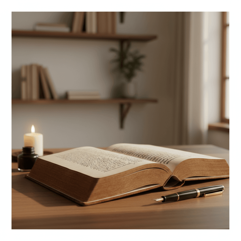 Livre ancien ouvert avec manuscrit sur un bureau en bois, lumière chaude
